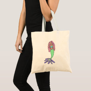 rainbow mermaid pink blue purple green black curly tote bag
