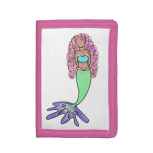 rainbow mermaid pink blue purple green black curly trifold wallet