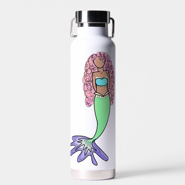 rainbow mermaid pink blue purple green black curly water bottle (Front)