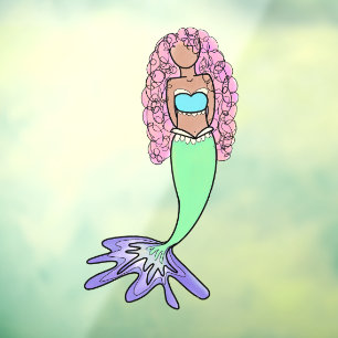 rainbow mermaid pink blue purple green black curly window cling