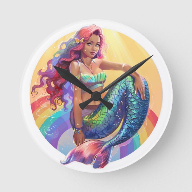 Rainbow Mermaid Round Clock (Front)