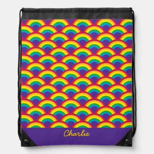 Rainbow Mermaid Scale Large Custom Name Drawstring Bag