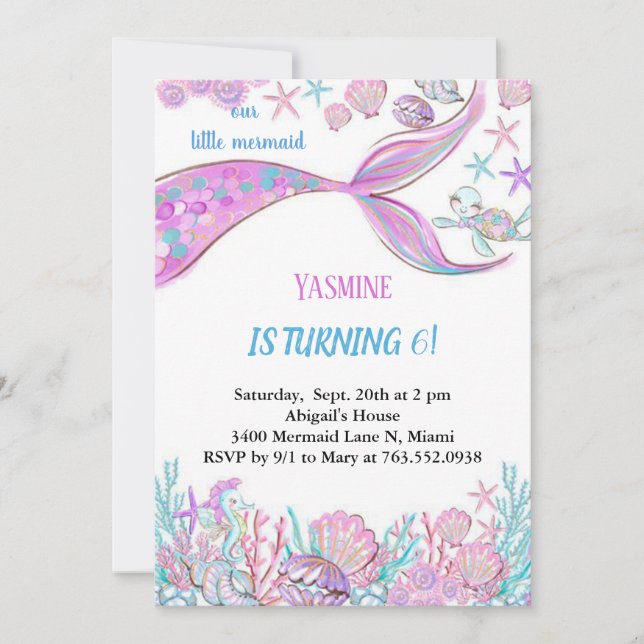 rainbow mermaid under the sea birthday invitations (Front)