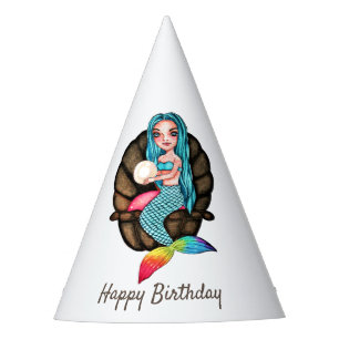 Rainbow Mermaid With Pearl In Watercolor Party Hat
