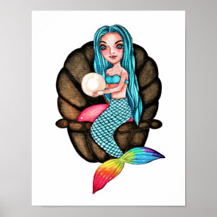 Rainbow Mermaid With Pearl In Watercolor Poster