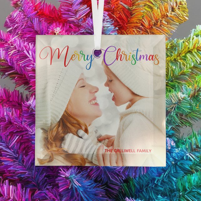 Rainbow Merry Christmas Personalized Photo Glass Ornament (Creator Uploaded)