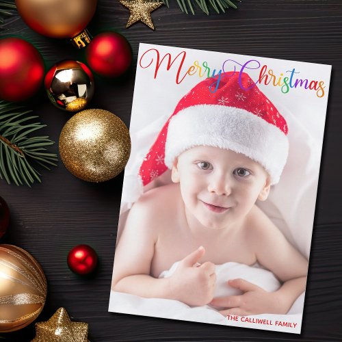 Rainbow Merry Christmas Script Overlay Baby Photo Holiday Card