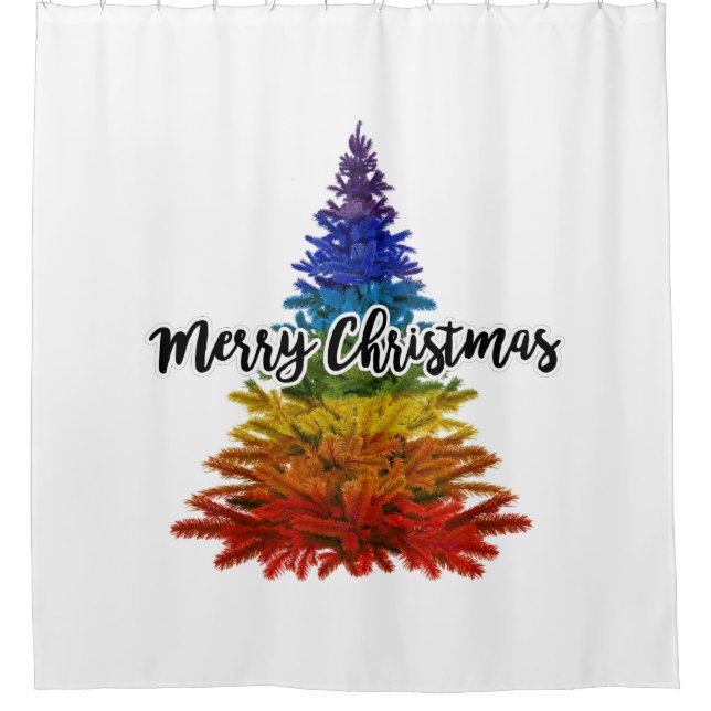 rainbow merry christmas tree shower curtain (Front)