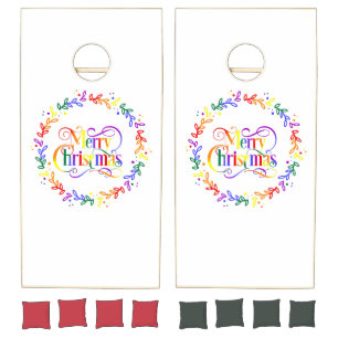 Rainbow Merry Christmas Wreath Cornhole Set