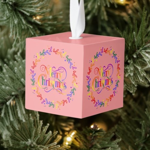 Rainbow Merry Christmas Wreath Cube Ornament