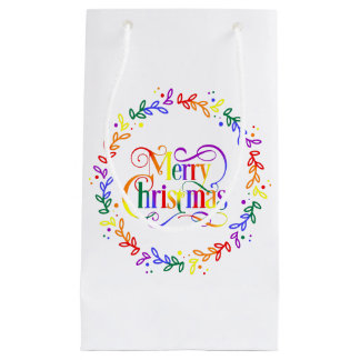 Rainbow Merry Christmas Wreath Gift Bag