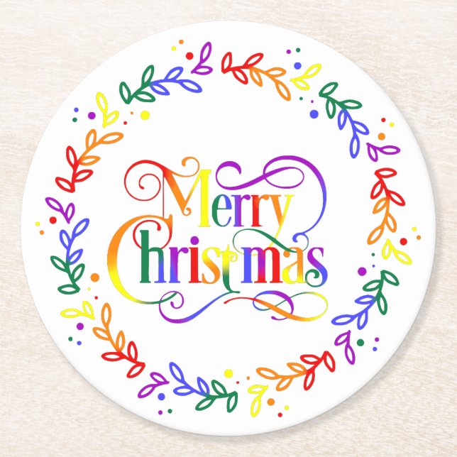 Rainbow Merry Christmas Wreath Paper Coasters (Front)