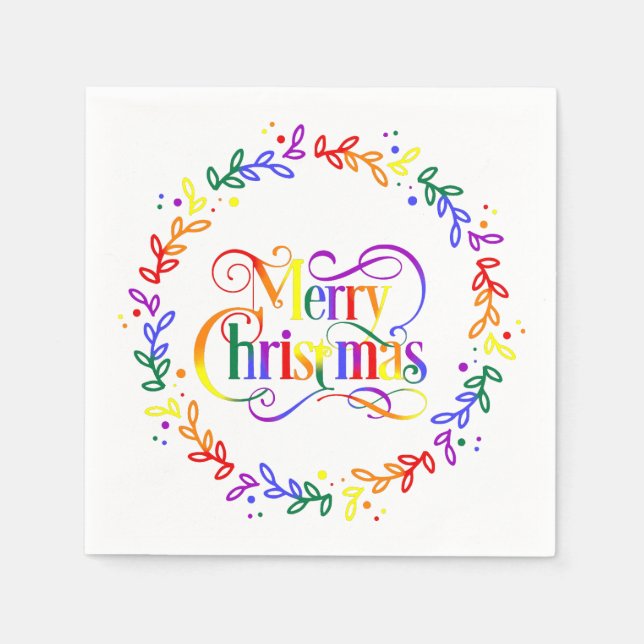 Rainbow Merry Christmas Wreath Paper Napkins (Front)