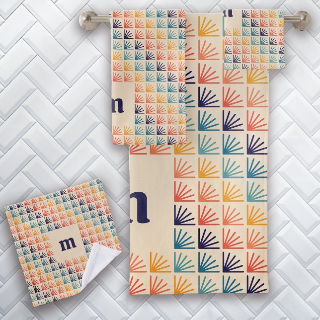 Rainbow Mid Century Modern Pattern Monogram Bath Towel Set (Creator Uploaded)