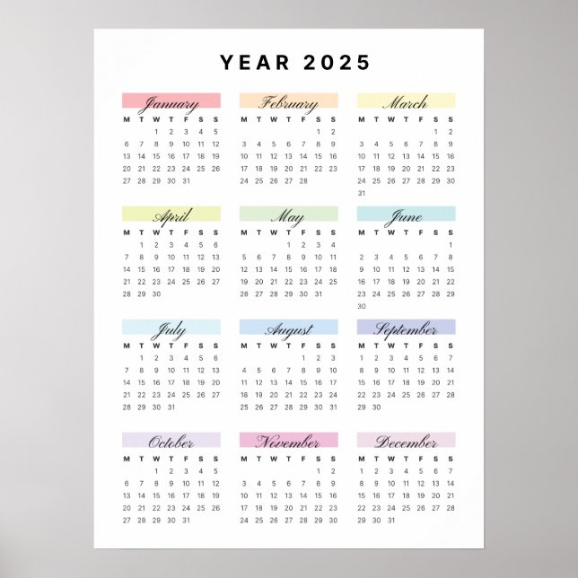 Rainbow Minimalist 2025 Calendar Poster (Front)