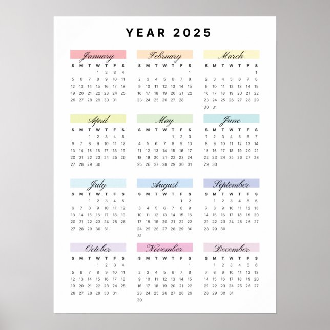 Rainbow Minimalist 2025 Calendar Poster (Front)