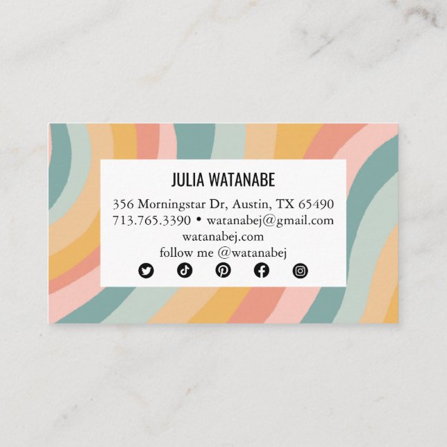 Rainbow Minimalist Stripes Handmade Social Media  Business Card (Back)