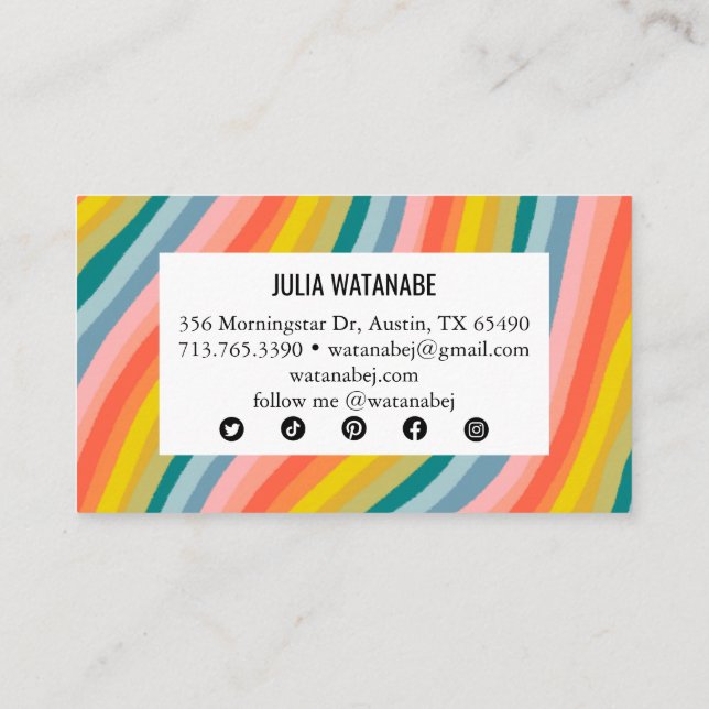 Rainbow Minimalist Stripes Handmade Social Media  Business Card (Back)