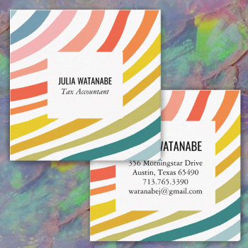 Rainbow Minimalist Stripes Handmade Square Business Card by ShoshannahScribbles at Zazzle