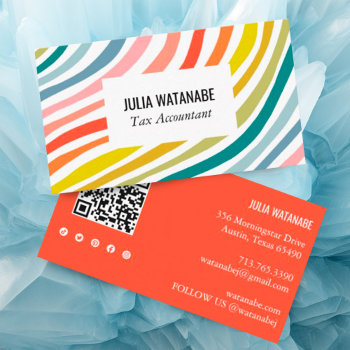 Rainbow Minimalist Stripes Qr Code Social Media  Business Card by ShoshannahScribbles at Zazzle