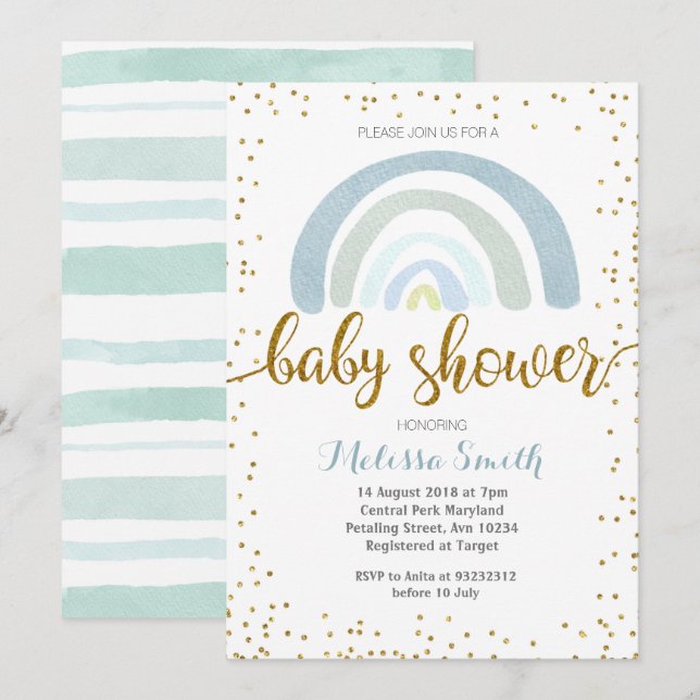 Rainbow Mint blue baby shower Invitation card boy (Front/Back)