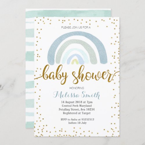 Rainbow Mint blue baby shower Invitation card boy