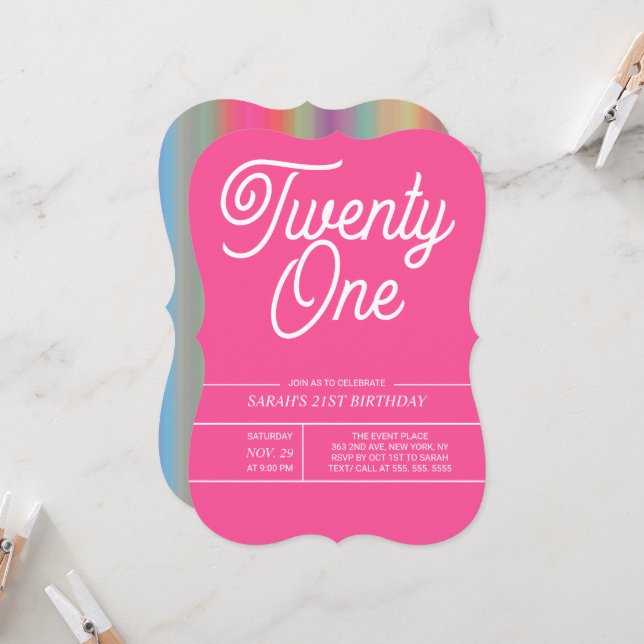 Rainbow Modern 21st Birthday Party Invitation (Front/Back In Situ)