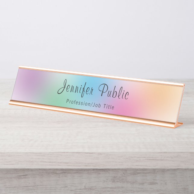 Rainbow Modern Colorful Template Rose Gold Elegant Desk Name Plate (Front)