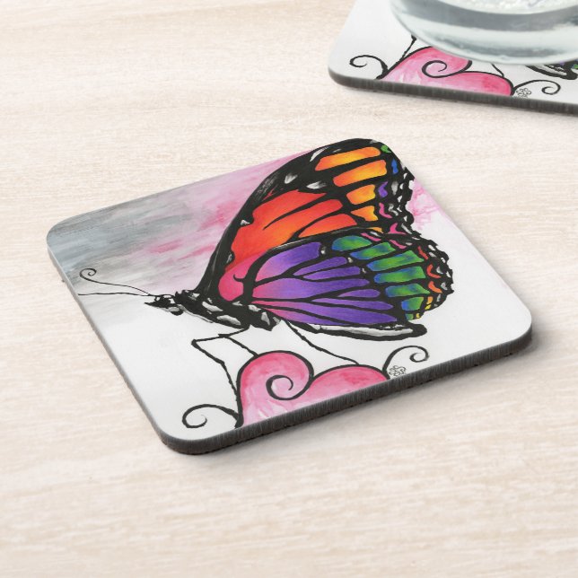 Rainbow Monarch Butterfly Original Fantasy Art Beverage Coaster (Left Side)
