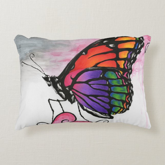 Rainbow Monarch Butterfly Original Fantasy Art Decorative Pillow (Front)