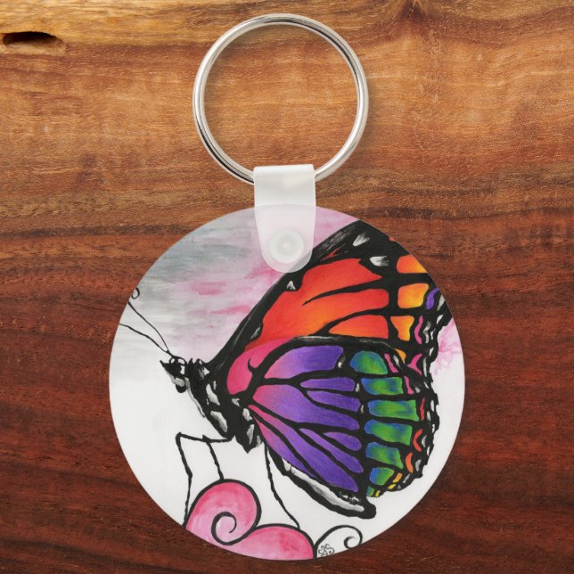 Rainbow Monarch Butterfly Original Fantasy Art Keychain (Front)