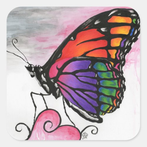 Rainbow Monarch Butterfly Original Fantasy Art Square Sticker