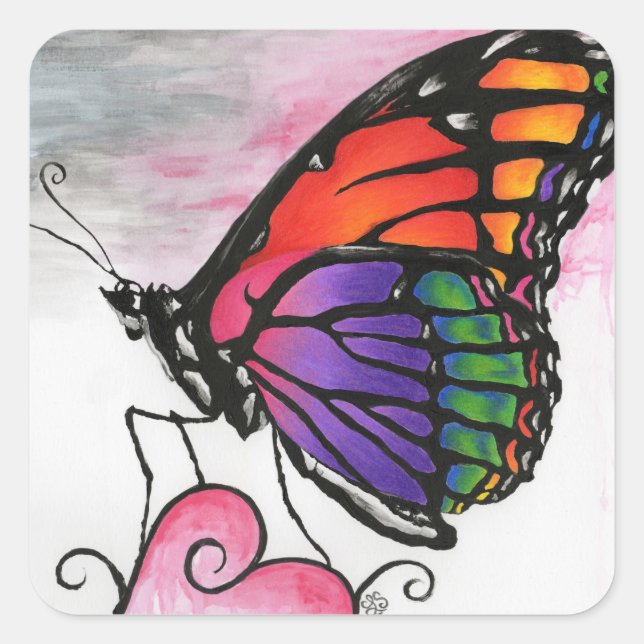 Rainbow Monarch Butterfly Original Fantasy Art Square Sticker (Front)