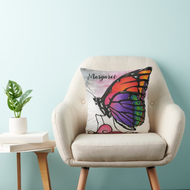 Rainbow Monarch Butterfly Original Fantasy Art Throw Pillow (Chair)