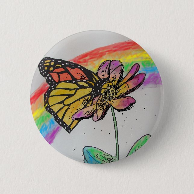 Rainbow Monarch Butterfly Painting Badge Button (Front)