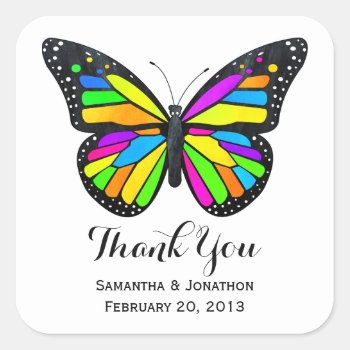 Rainbow Monarch Butterfly Wedding Thank You Square Sticker by prettypicture at Zazzle