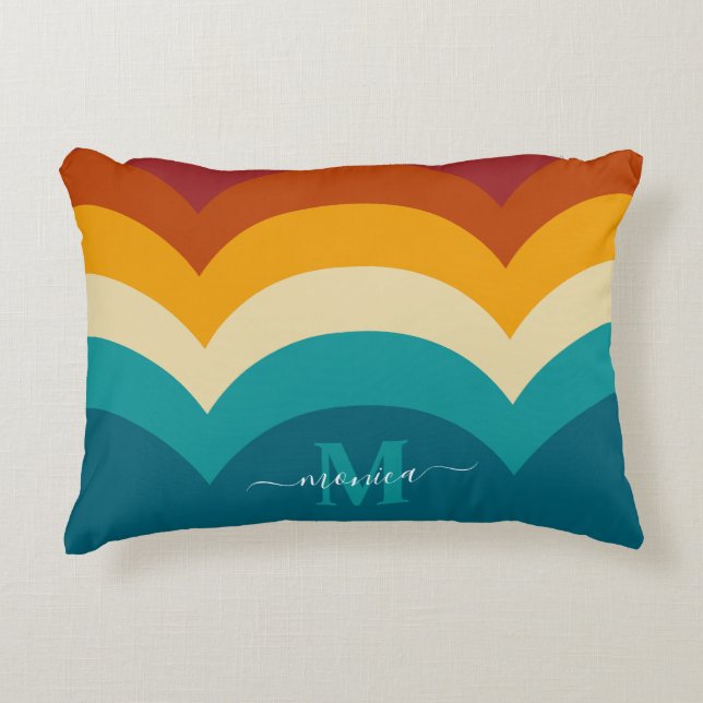 Rainbow Monogram Custom Name Retro Sunset Stripe  Accent Pillow (Front)