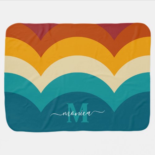 Rainbow Monogram Custom Name Retro Sunset Stripe  Baby Blanket