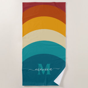 Rainbow Monogram Custom Name Retro Sunset Stripe Beach Towel