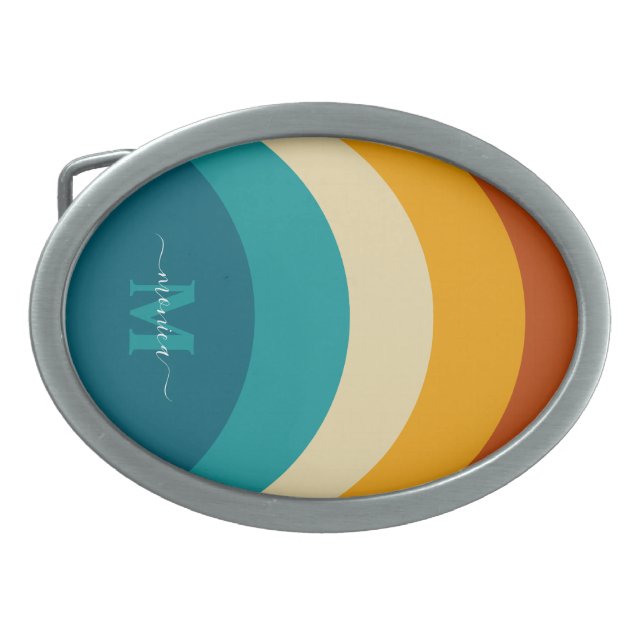 Rainbow Monogram Custom Name Retro Sunset Stripe  Belt Buckle (Front)
