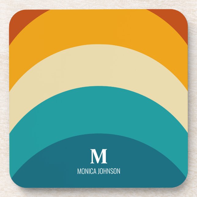 Rainbow Monogram Custom Name Retro Sunset Stripe Beverage Coaster (Front)