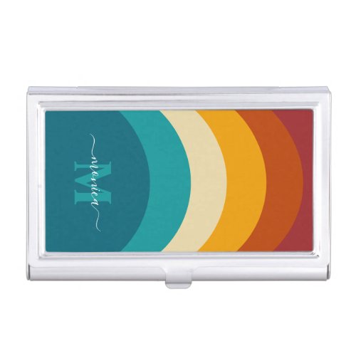 Rainbow Monogram Custom Name Retro Sunset Stripe  Business Card Case