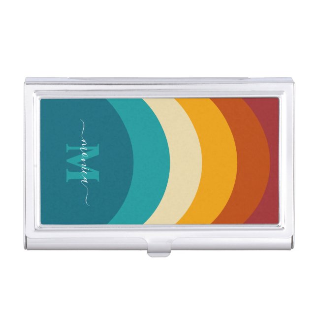 Rainbow Monogram Custom Name Retro Sunset Stripe  Business Card Case (Front)