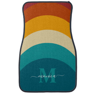 Rainbow Monogram Custom Name Retro Sunset Stripe  Car Floor Mat