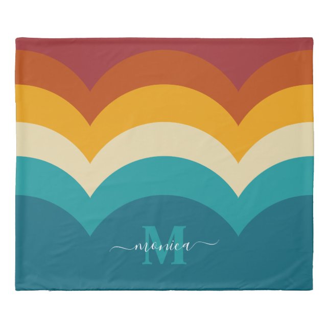 Rainbow Monogram Custom Name Retro Sunset Stripe  Duvet Cover (Back)