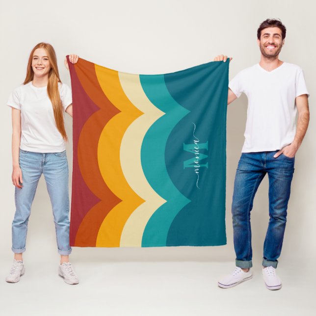 Rainbow Monogram Custom Name Retro Sunset Stripe  Fleece Blanket (In Situ)