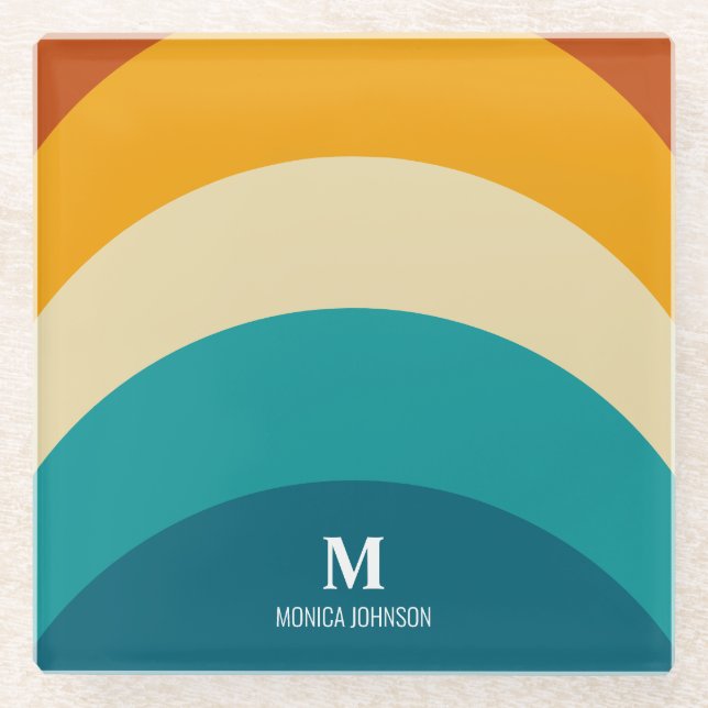Rainbow Monogram Custom Name Retro Sunset Stripe Glass Coaster (Front)