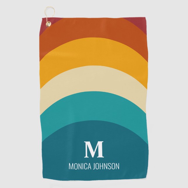 Rainbow Monogram Custom Name Retro Sunset Stripe Golf Towel (Front)