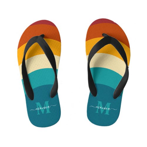 Rainbow Monogram Custom Name Retro Sunset Stripe  Kids Flip Flops