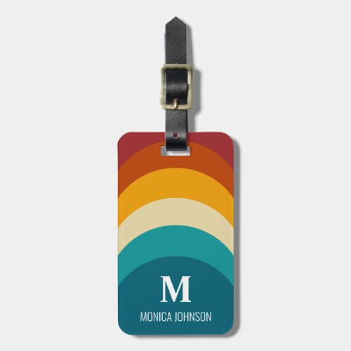 Rainbow Monogram Custom Name Retro Sunset Stripe Luggage Tag